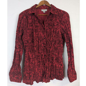 Red Floral Button Up Pleated Front Black Flocked Pattern Romantic Vampire Medium